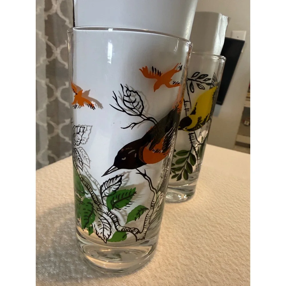 Vintage Bird Drinking Glasses Set of 2 Goldfinch and Oriole Highball Tumblers